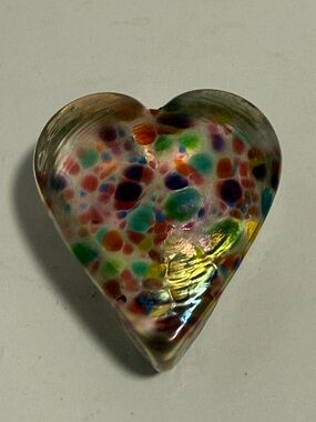 Vintage Robert Held Signed Art Glass Heart Paperweight Iridescent Confetti